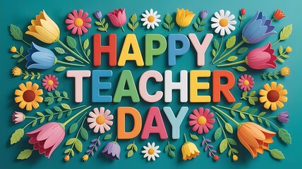 Colorful Floral Happy Teacher's Day Greeting. Happy Teacher's day World Teacher's Day Greeting Card, Background, Poster, Banner, World Teacher's Day concept, 3D illustrations