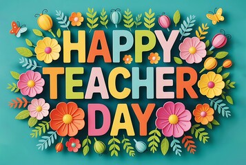 Colorful Paper Flowers Celebrate Happy Teacher Day. Happy Teacher's Day World Teacher's Day Greeting Card, Background, Poster, Banner, World Teacher's Day concept, 3D illustrations
