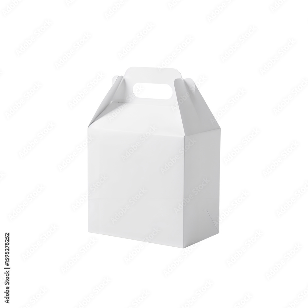 Poster simple white cardboard gift box with handle on isolated transparent backdrop, ready for branding