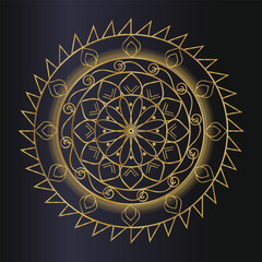 Intricate golden mandala with celestial symbols on dark background