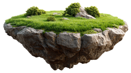 Floating Island: A surreal floating island, covered with vibrant green grass, lush shrubs, and a rugged rock formation, offers a captivating glimpse into a world of fantasy and imagination. 