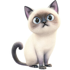 Playful cartoon Siamese cat with large blue eyes cute furry animal sitting on white background