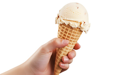 Hand Holding Delicious Vanilla Ice Cream Cone On Isolated White Background