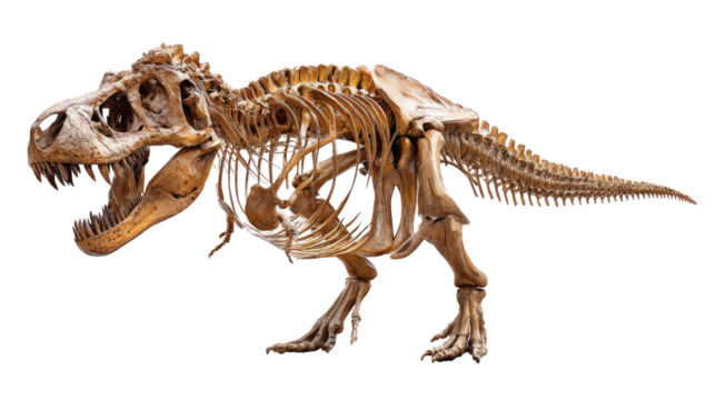 Tyrannosaurus Rex Skeleton: An imposing full-body shot of a Tyrannosaurus Rex skeleton, showcasing its formidable structure and historical significance for scientific and educational uses.