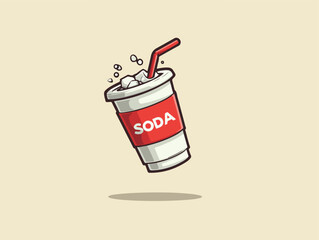 Editable cartoon vector of floating soda cup with splash. Fizzy drink spilling out, symbolizing unhealthy fast food beverage. Fun, dynamic, and eye-catching design