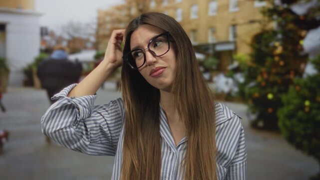 Young hispanic woman with long brown hair and oversized glasses raises palms on busy city street; confusion.