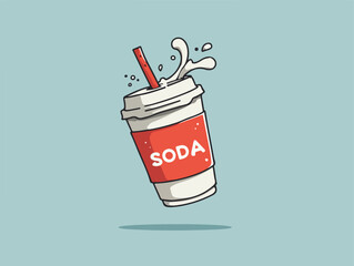 Editable cartoon vector of floating soda cup with splash. Fizzy drink spilling out, symbolizing unhealthy fast food beverage. Fun, dynamic, and eye-catching design