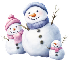 Three cheerful snowmen with colorful hats scarves and twig arms on snowy background for winter holiday decoration