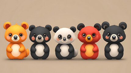 Adorable Cartoon Bears Orange, Black, Panda, Red, and Black Bear Cubs in a Row