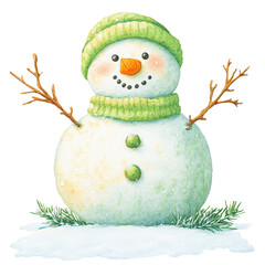 Adorable watercolor snowman with green hat and scarf, twig arms, carrot nose, and cheerful expression on snowy ground