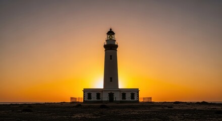 Lighthouse Silhouette Against a Golden Sunset Sky