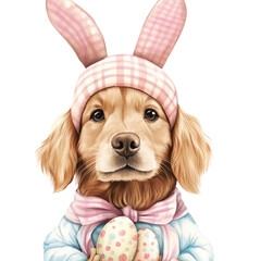 Adorable golden retriever puppy wea bunny ears and pastel costume with matching hat and bow