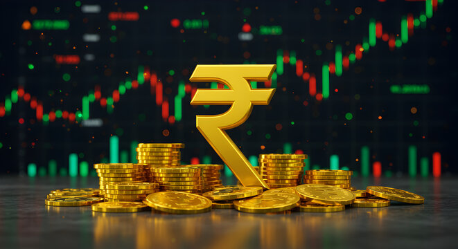 Indian Rupee Symbol and Gold Coins with Stock Market Chart