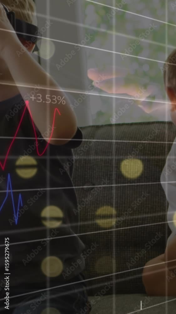 Poster animation of data processing over caucasian siblings with vr headset