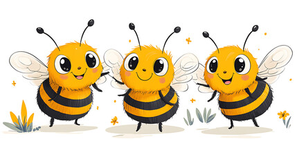 Three Cute Cartoon Bees Smiling and Greeting Each Other