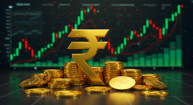 Indian Rupee (INR) symbol with gold coins and stock market graph