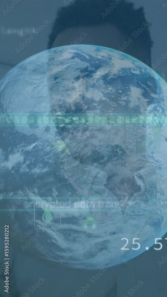 Poster animation of globe and financial data processing over business people working in office