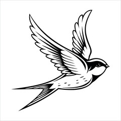 A stylized illustration of a flying swallow bird. The bird has detailed wings and a streamlined body, showcasing its graceful movement in the air.