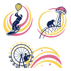 Naklejka premium Amusement park attractions with colorful abstract elements Ferris wheel hot air balloon