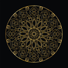 Intricate golden mandala design on a black background