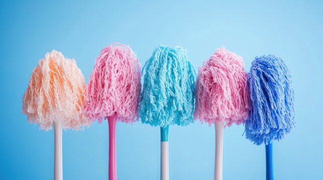 Five colorful mop heads in a row, with pink, blue, and purple colors, against a blue background. The mop heads are in different positions