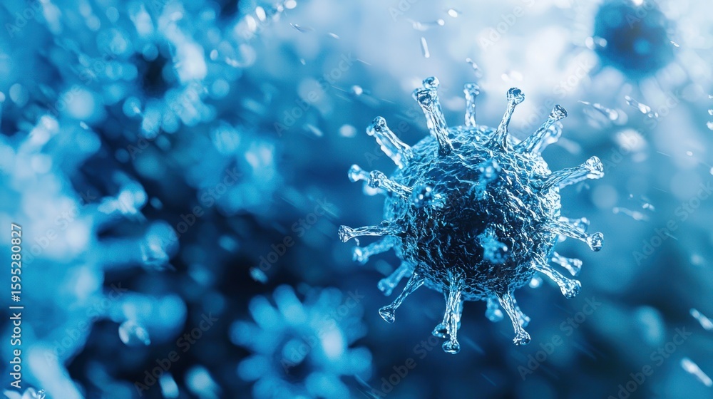 Poster a blue virus particle with multiple spikes and a central core, floating in a blue liquid with a blur