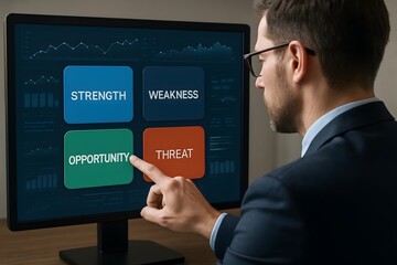 Executive pointing at opportunity block on swot analysis strategic screen
