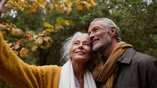 Couple enjoying autumn outdoors while taking a selfie surrounded by colorful foliage