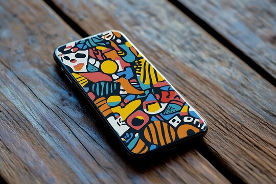 Black smartphone on textured wooden planks displays colorful abstract pattern for device personalization