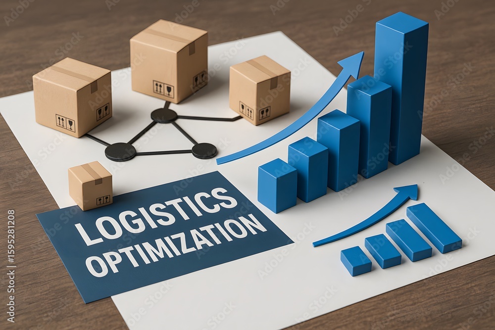 Poster logistics optimization graphic showing distribution boxes network and rising performance bars