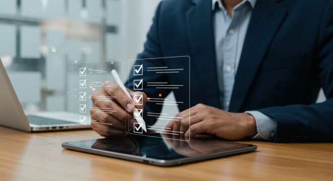 Business professional using digital tablet with task management graphics. Modern office productivity with stylus and laptop. Efficient workspace with digital checklists and technology. - Powered by Adobe