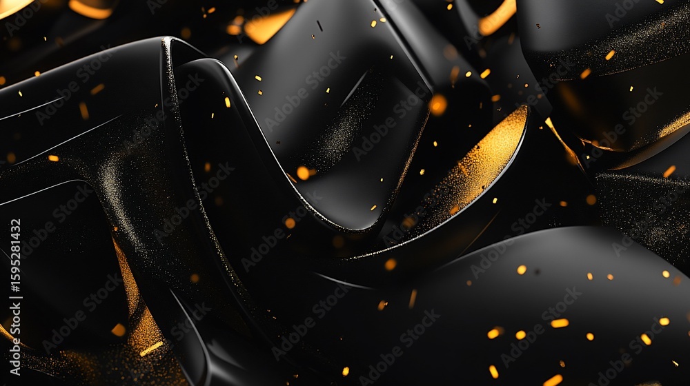 Poster black and gold abstract design with fluid sweeping shapes and scattered golden specks creates a dyna
