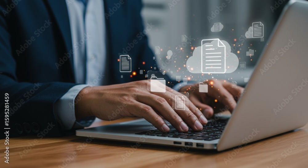 Aufkleber person typing on laptop with floating file management icons. digital workspace with cloud computing 
