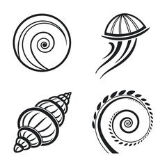 Black abstract spiral designs and marine life icons white shell