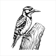 A detailed illustration of a woodpecker perched on a wooden stump. The bird has a distinctive black and white plumage with a hint of red on its head.
