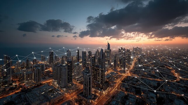 Wide-angle smart city skyline highlights advanced wireless communication networks and ecosystem connectivity, showcasing urban innovation and global tech infrastructure.