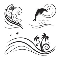 Black floral dolphin butterfly palm tree wave swirls white
