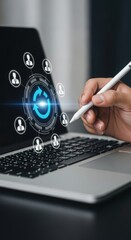 Professional networking with digital avatars on laptop. Business connectivity with stylus interaction. Refreshing contacts in modern tech workspace.