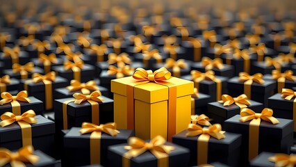 Fototapeta premium A golden gift box with golden ribbon is separated from all the black boxes
