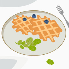Viennese waffles with blueberries on a plate, simple cartoon drawing. Delicious breakfast for adults and children.
