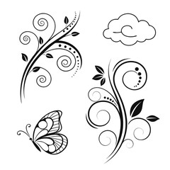 Black floral swirls butterfly and cloud design vector