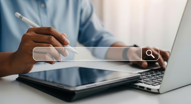 Business professional analyzing holographic data on tablet. Interactive 3D charts and graphs for data visualization. Futuristic technology for business intelligence and analytics.