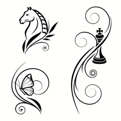 Black ink horse butterfly and chess king ornamental flourishes vector