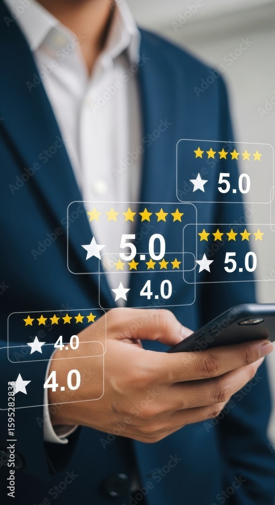 Poster professional typing on laptop with digital feedback overlay. user interface with smiley face and sta