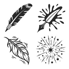 Black quill pen ink splash feather and abstract burst vector