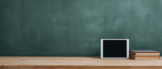 A digital tablet and two closed books rest on a wooden table in front of a green chalkboard background.