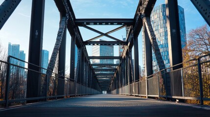 A black metal bridge with a wooden deck, spanning a river, with a city skyline in the background and autumn trees on the right side.