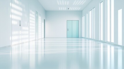 A bright, modern, minimalist corridor with large windows casting patterned light on glossy floors and white walls.