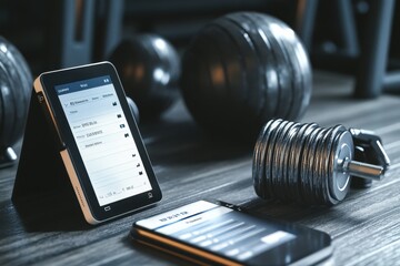 Fitness gadgets and weights arranged on a gym floor during a workout session