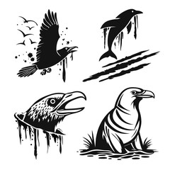 Black animal collection dripping ink eagle dolphin